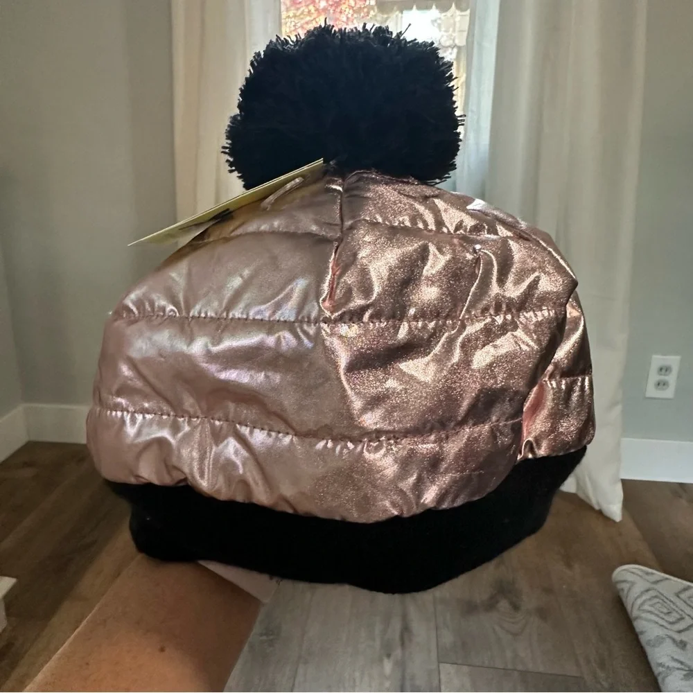 NEW! All in Motion Girl’s Pink and Black Pom-Pom Beanie, Metallic, Girlie, OSFM